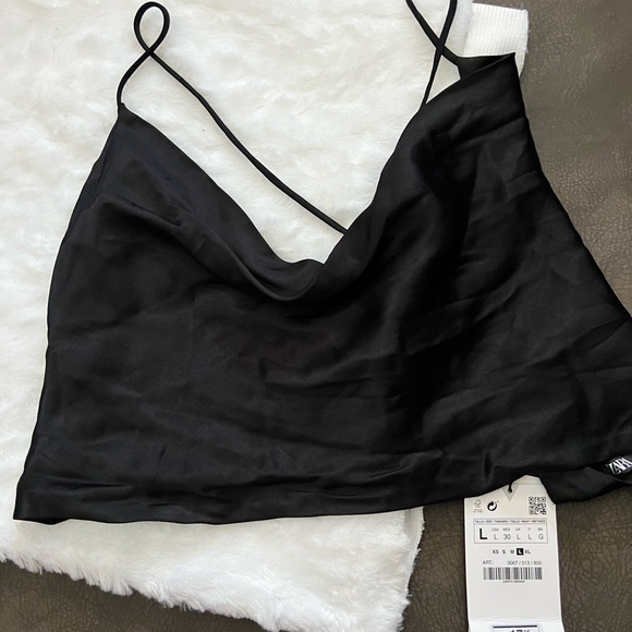 Zara Black Satin Crisscross Open Back Top L New - Picture 6 of 9